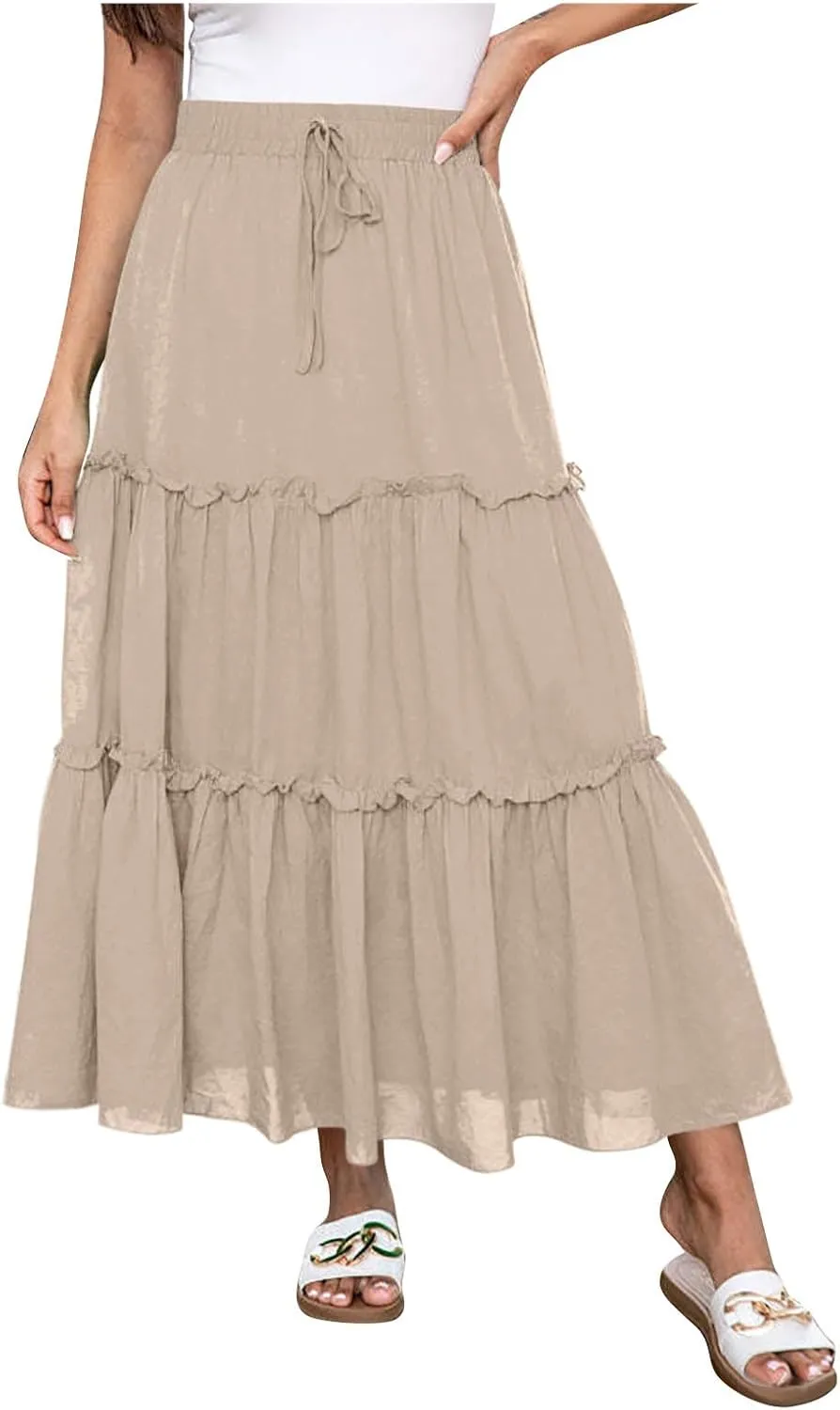 Xiaojmake Womens Flowy Boho Maxi Skirt Elastic High Waist Pleated A Line Tiered Casual Summer Beach Long Skirts with Pockets