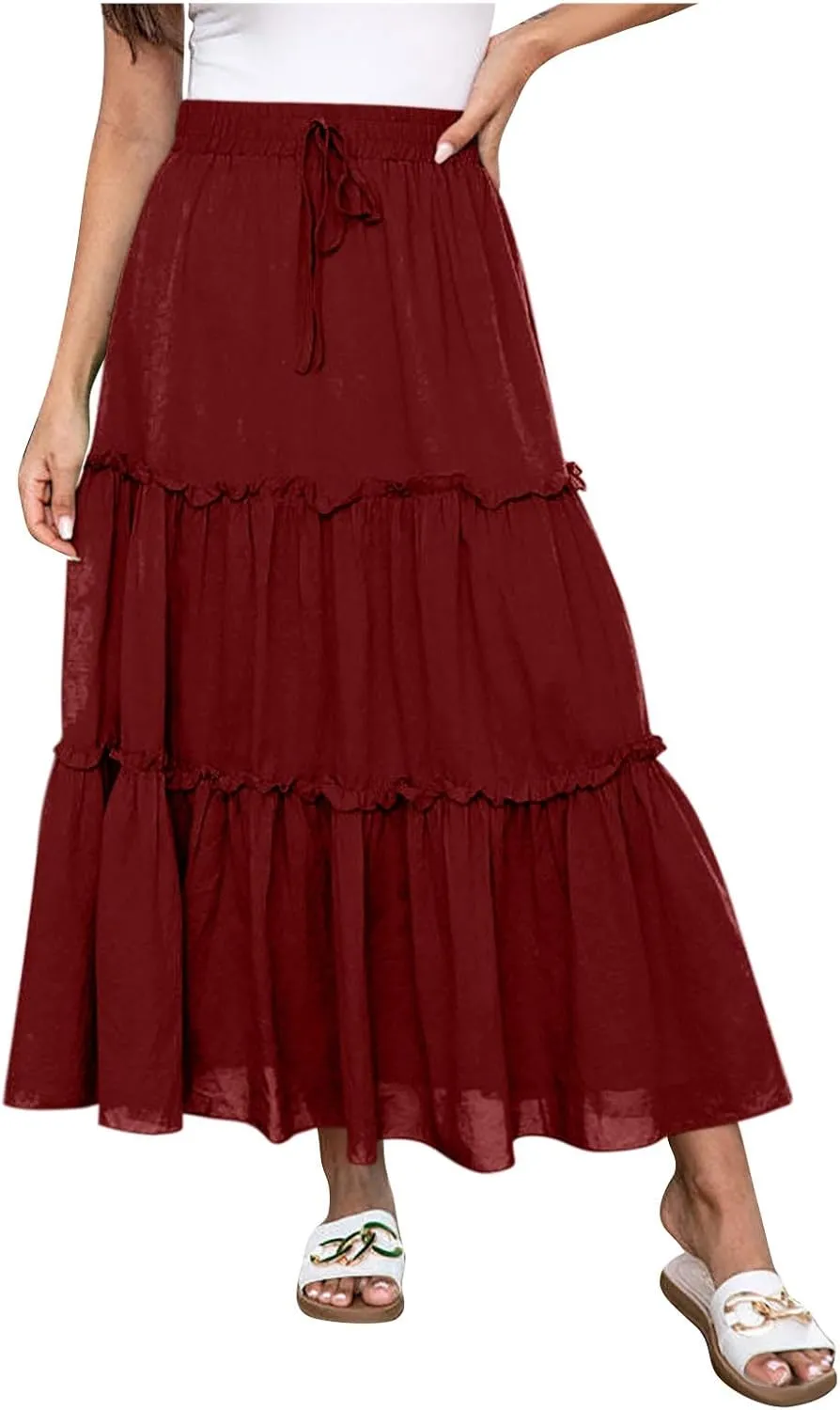 Xiaojmake Womens Flowy Boho Maxi Skirt Elastic High Waist Pleated A Line Tiered Casual Summer Beach Long Skirts with Pockets