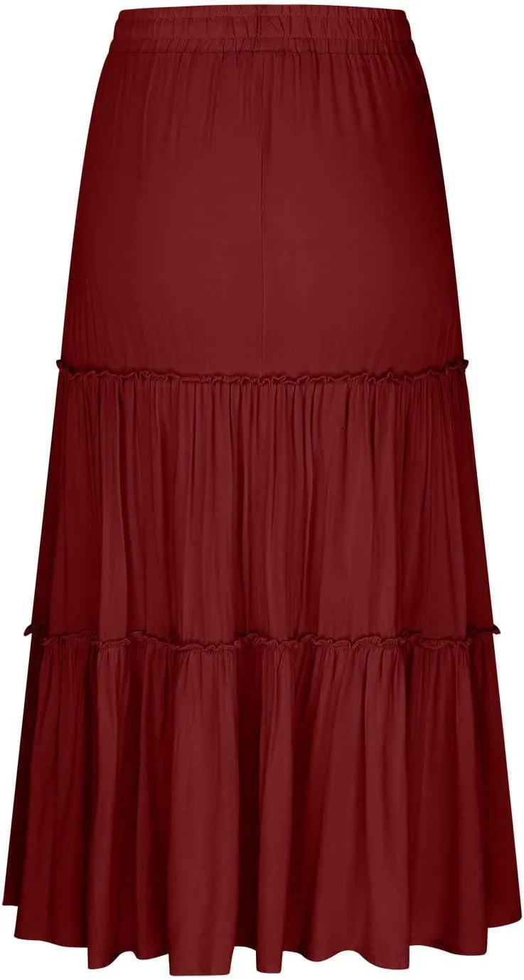 Xiaojmake Womens Flowy Boho Maxi Skirt Elastic High Waist Pleated A Line Tiered Casual Summer Beach Long Skirts with Pockets