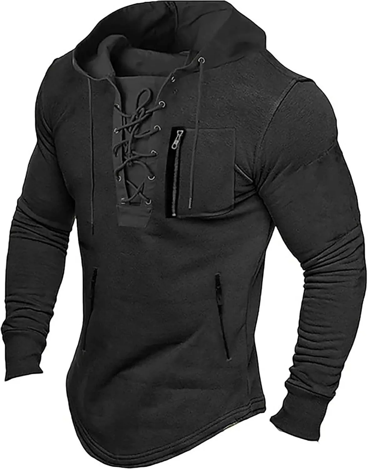 ZYXTIM Mens Military Tactical Hoodies Sweatshirts Lace Up Long Sleeve Slim Retro Distressed Gothic Shirts with Zipper Pockets